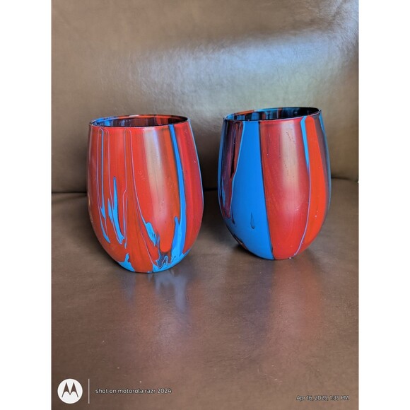 Set of 2 Tie Dye Wine Glasses Art Deco - Picture 1 of 5